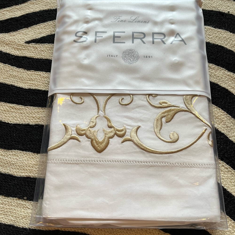 Sferra Griante king sham white with oat colored embroidery